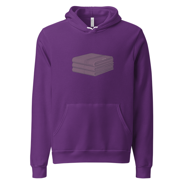 Minimalist illustration of a stack of folded waffle-weave towels, centered on a Pullover Hoodie.