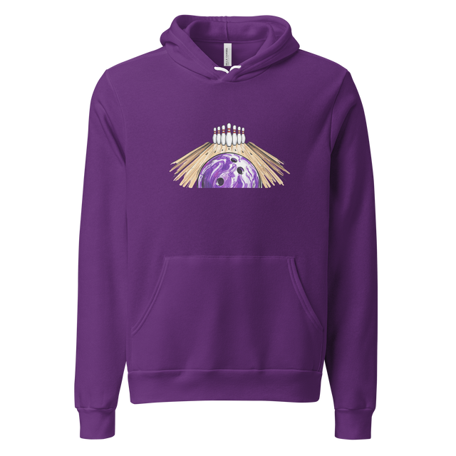 Close-up perspective of a marbled bowling ball in marker style on a premium Pullover Hoodie.