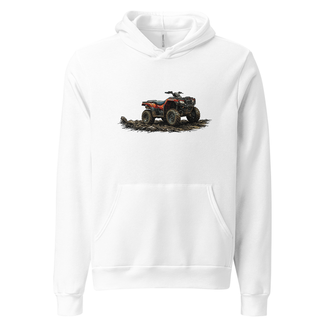 Colorful cross-hatch ink illustration of an ATV driving through mud on a Pullover Hoodie.
