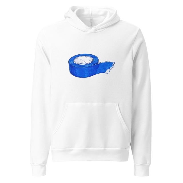 Pullover Hoodie featuring a marker illustration of blue painters tape with torn edges.
