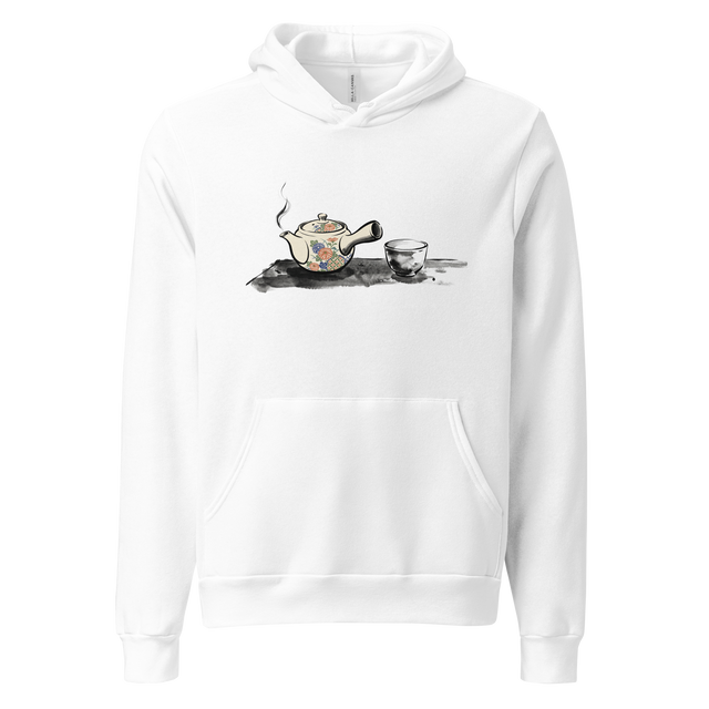 Pullover Hoodie featuring an ink wash illustration of a Japanese teapot with green and red floral accents beside an empty porcelain cup.