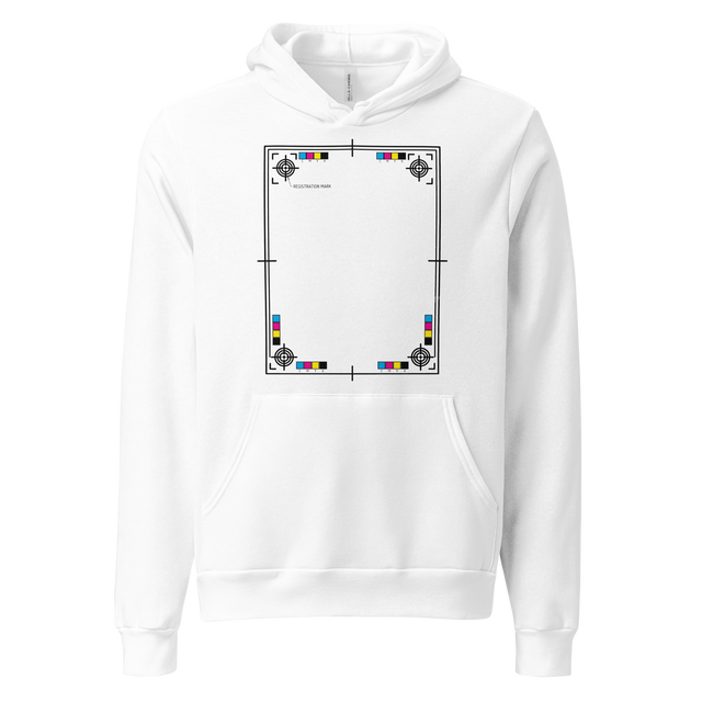 A pullover hoodie displaying black printer registration marks and corner crosshairs drawn in a precise architectural blueprint style.