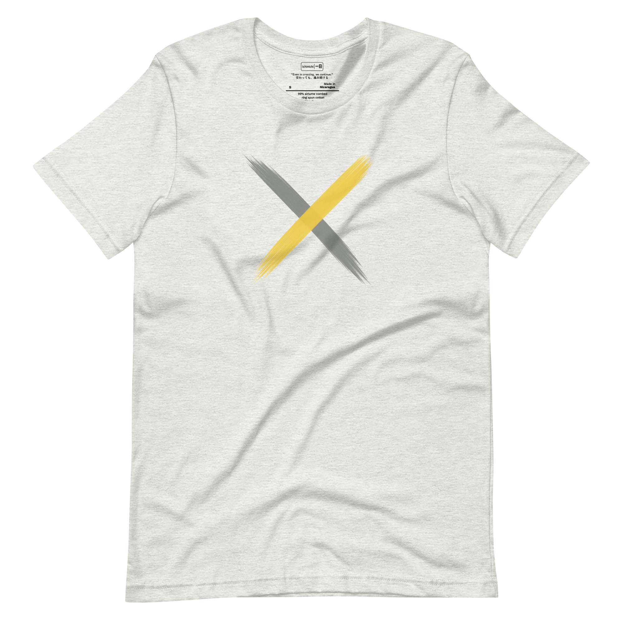 Two intersecting brushstrokes, one grey and one yellow, fading toward the ends, minimalist expressive T-Shirt design.