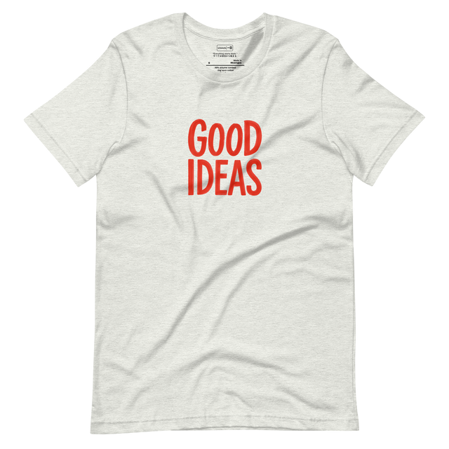 Minimal red text reading “Good Ideas” centered on white space, inspired by a blank notebook cover, minimalist T-Shirt design.