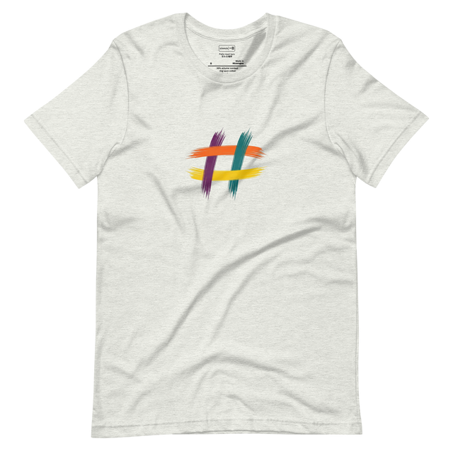 Minimalist T-Shirt featuring a hashtag symbol made of four colorful paint brush strokes.