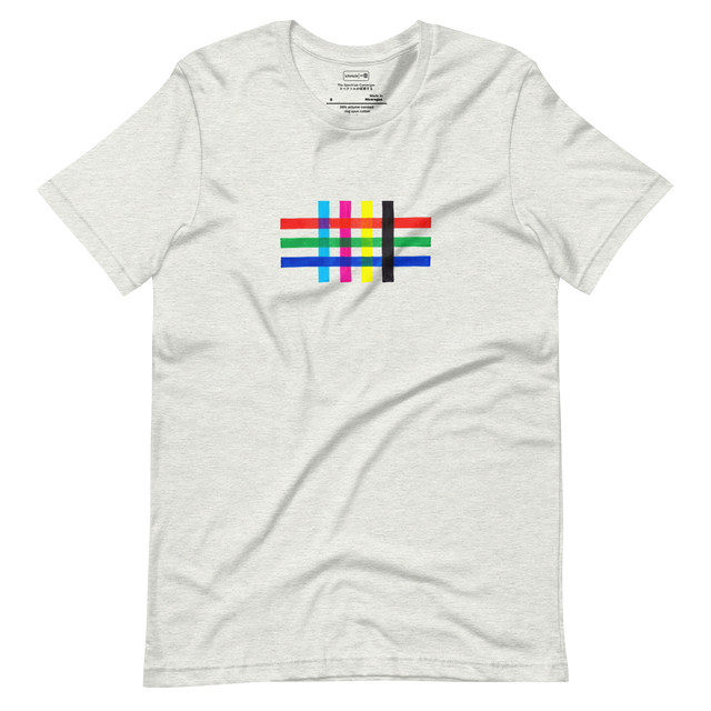 Minimalist short sleeve t-shirt featuring intersecting CMYK and RGB stripes with halftone blending patterns.