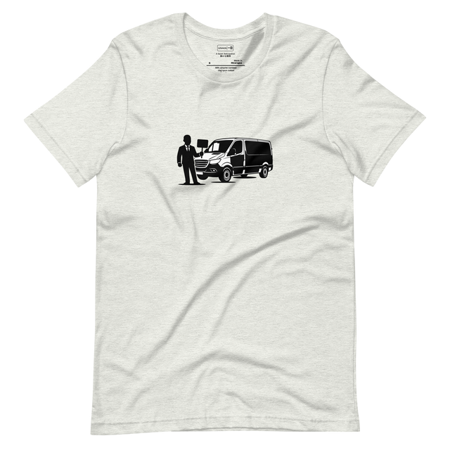 Solid black marker silhouette of an airport driver and van on a short sleeve t-shirt.