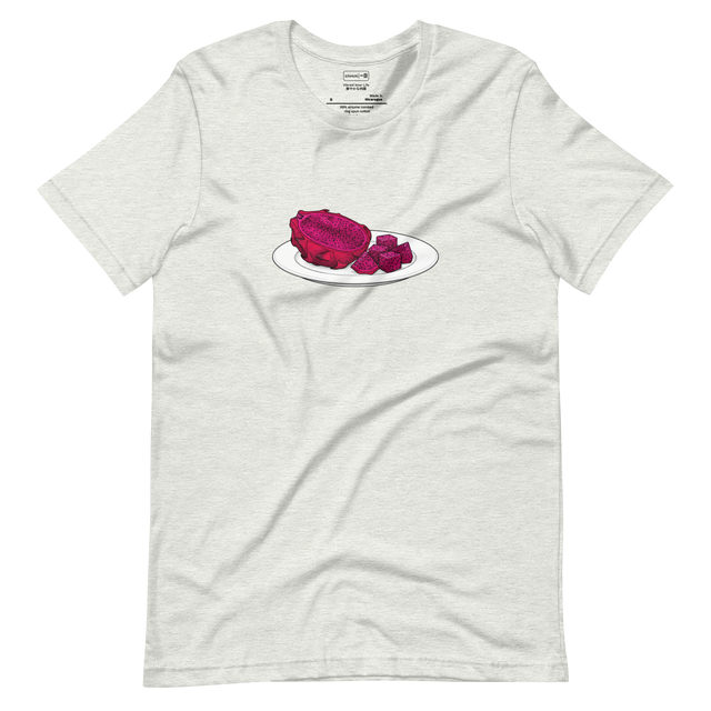 Stippled illustration of a sliced dragon fruit on a white plate, deep red center, short sleeve t-shirt.