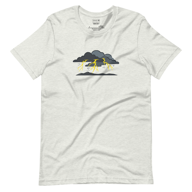 Electric Silence graphic on a Short Sleeve T-Shirt featuring grey cloud silhouettes and a yellow lightning strike