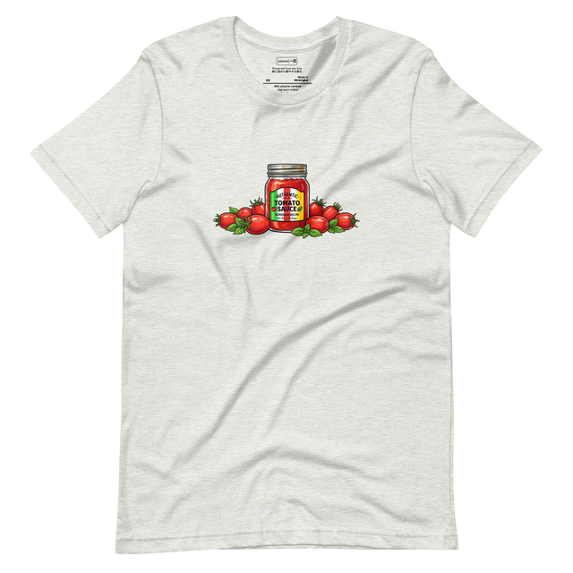 Vibrant marker illustration of a glass jar of red tomato sauce with a striped label and Roma tomatoes on a Short Sleeve T-Shirt.