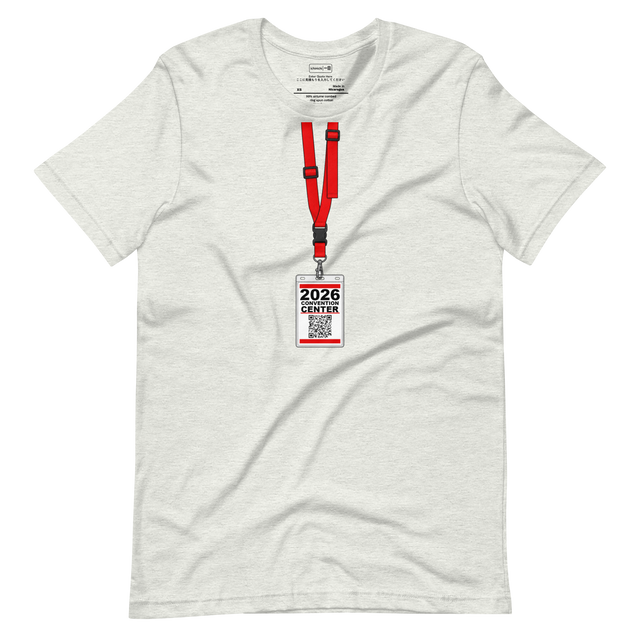 Marker illustration of a red lanyard with a convention badge hanging at the bottom, printed on a Short Sleeve T-Shirt.