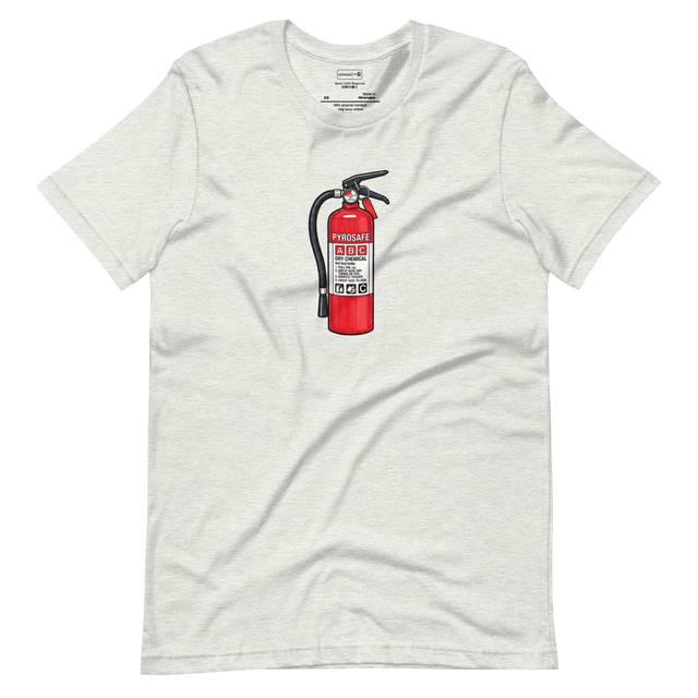 A bright red fire extinguisher drawn with bold black marker lines, printed on a short sleeve T-shirt.