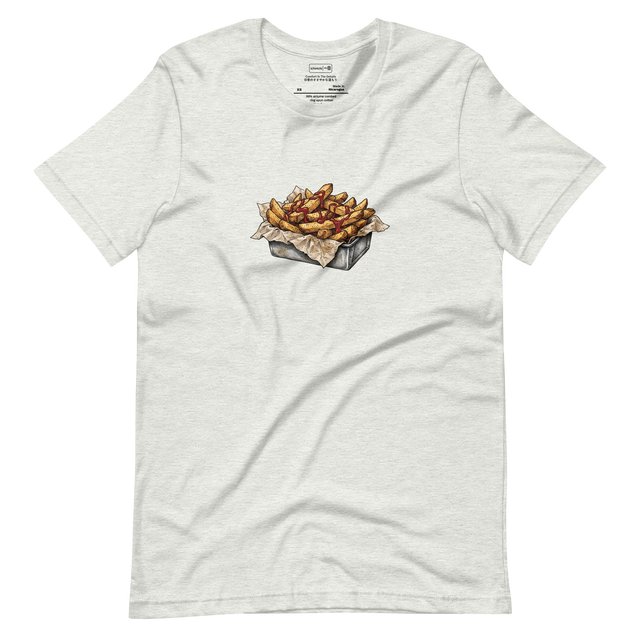 Short Sleeve T-Shirt featuring a cross-hatch ink illustration of thick steak fries with ketchup in a metal tin.