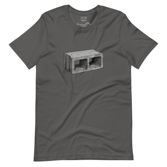 Stippled concrete cinder block graphic on short sleeve t-shirt front.