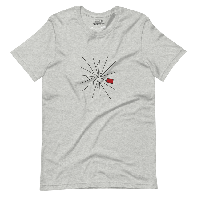 Abstract graphic with sharp fractured lines and a single red rectangle