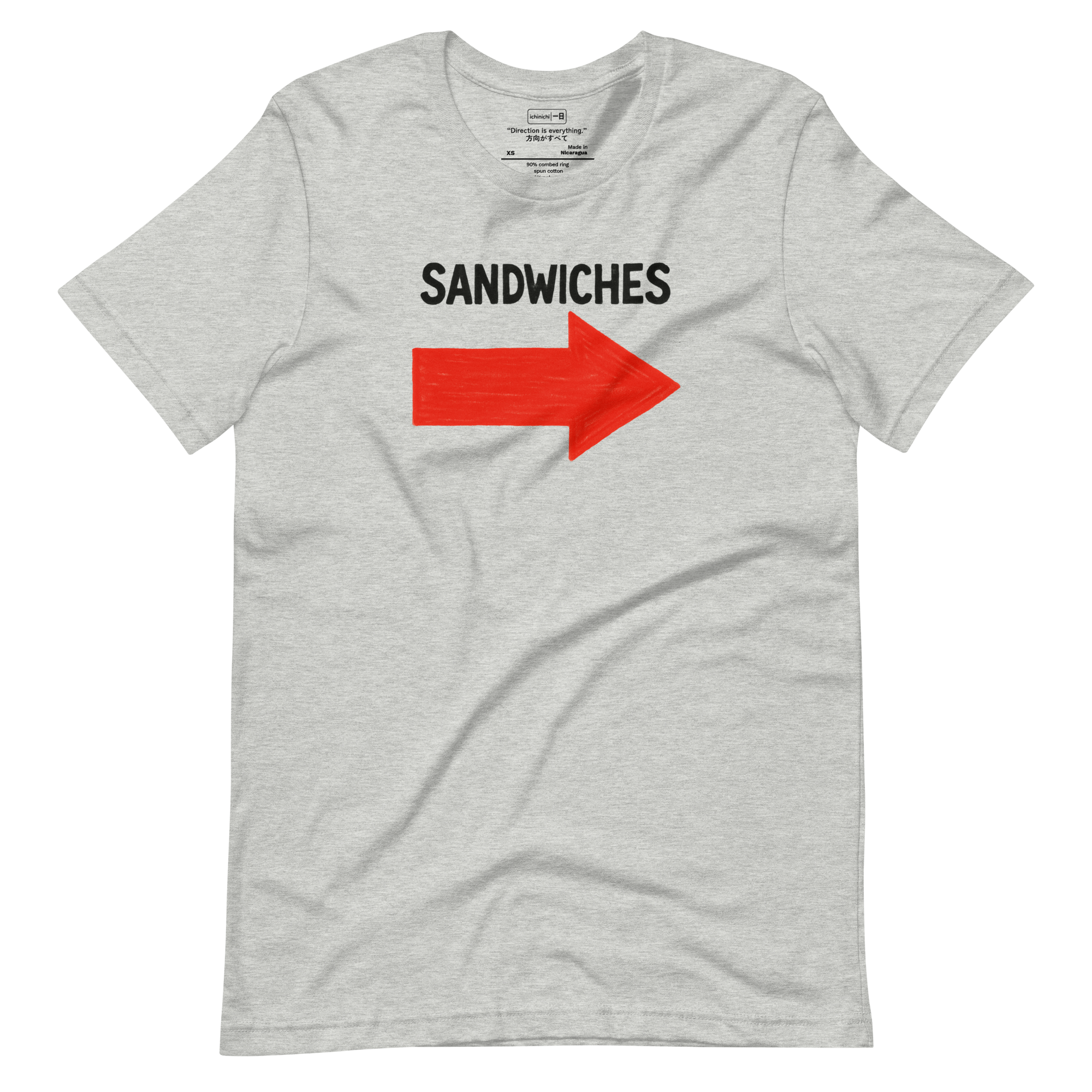 Minimalist typography design reading “SANDWICHES” with a bold downward arrow, inspired by New York street signage.
