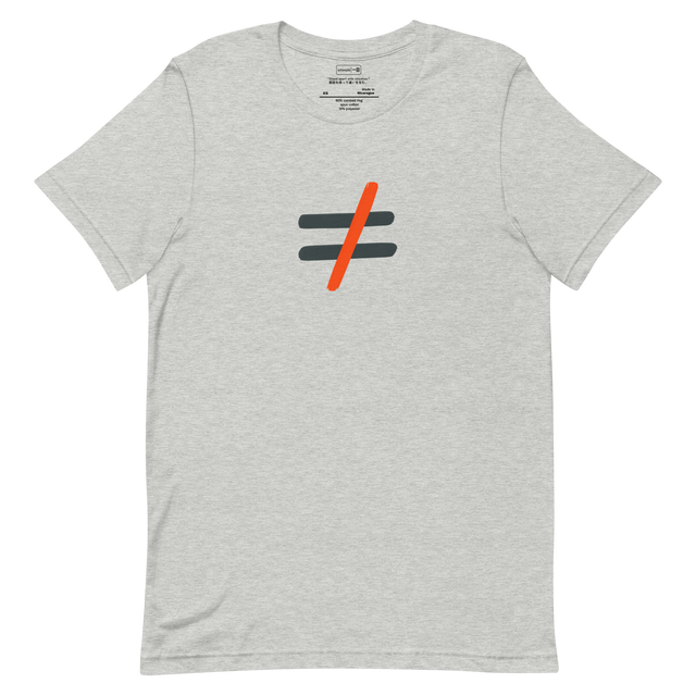 Minimal dark grey not-equal symbol with bright orange vertical line on a T-Shirt design.