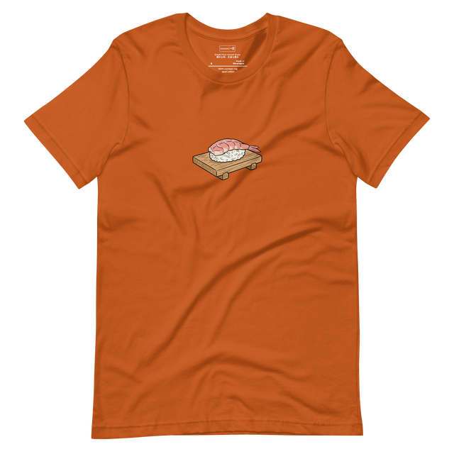 Minimalist brush pen illustration of a single shrimp sushi (Ebi Nigiri) on a wooden block for a Short Sleeve T-Shirt.