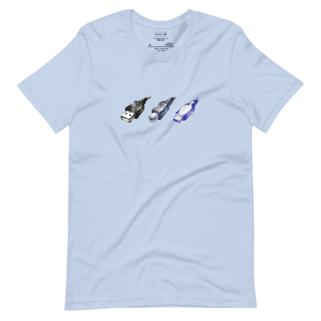 Ink wash illustration of USB-A, USB-B, and USB-C connectors on a T-Shirt.