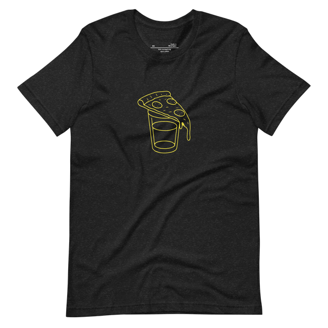 Line drawing of a pizza slice hanging over a shot glass in sepia-toned ink