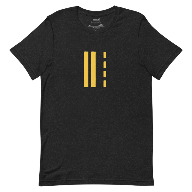 Minimal illustration of double yellow road lines with dashed markings on a T-shirt design.