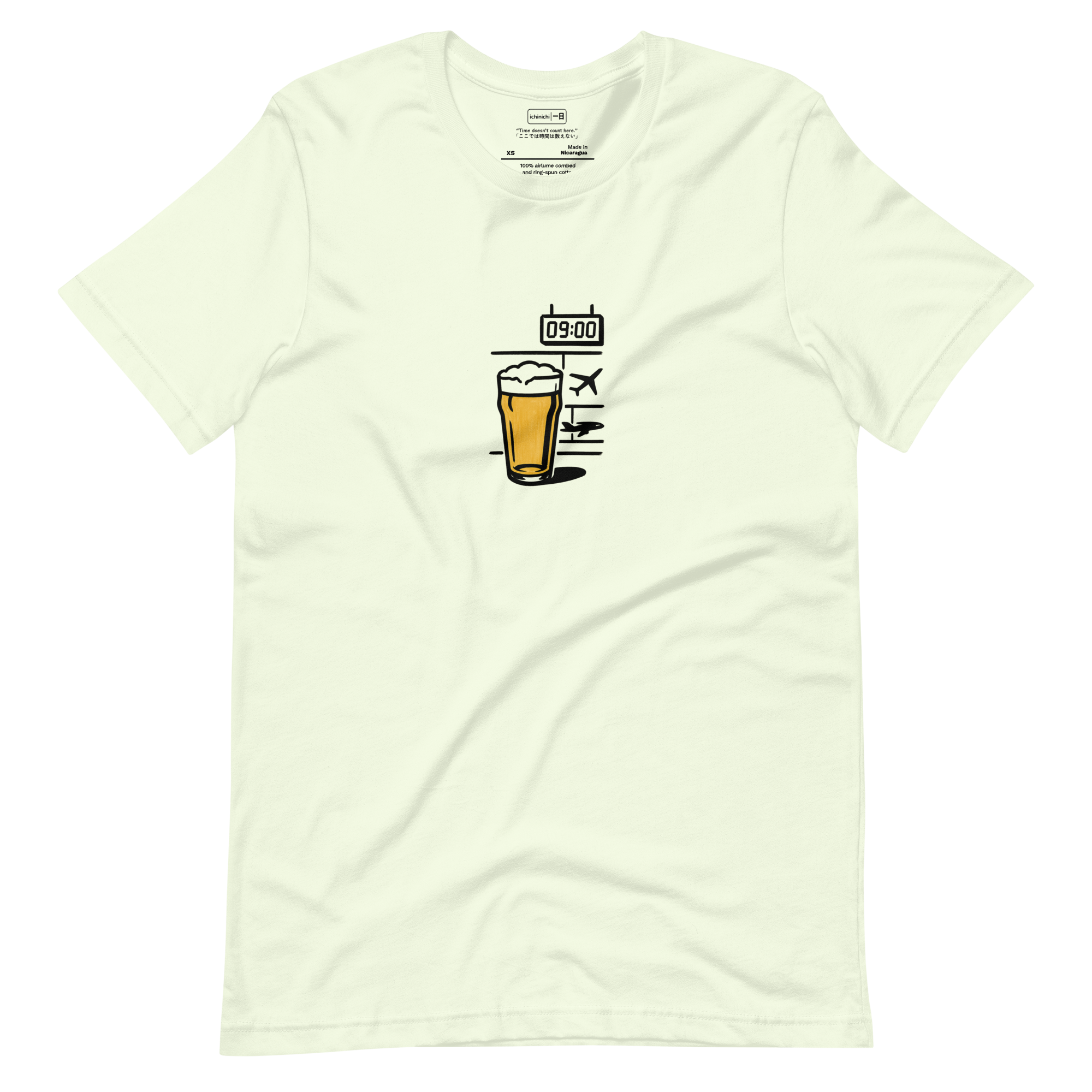 Minimalist brush pen illustration of beer pint with 9AM clock and airplane at airport window