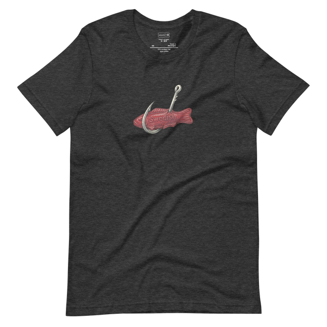 Minimalist illustration featuring a realistic metal fish hook snagging a red Swedish Fish gummy candy.