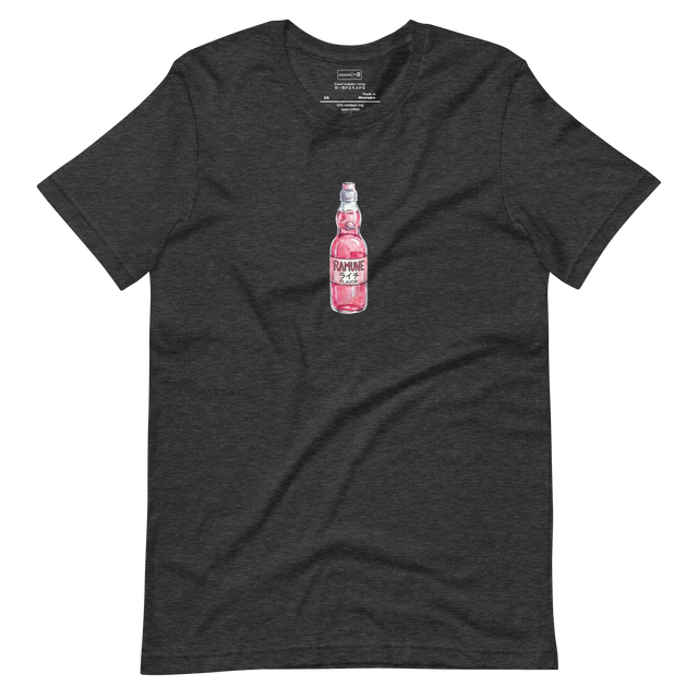 Minimalist line art of a Japanese Ramune soda bottle with lychee fruit on a Short Sleeve T-Shirt.