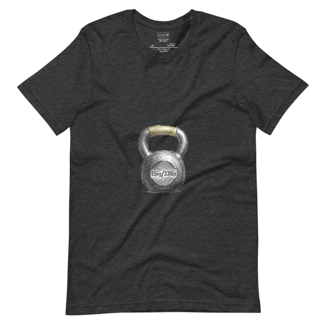 Textured cross-hatch pencil sketch of a kettlebell with yellow handle on a Short Sleeve T-Shirt.