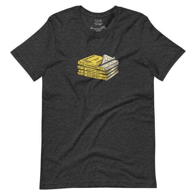 Cross-hatch ink illustration of a stack of vintage yellow pages on a Short Sleeve T-Shirt.