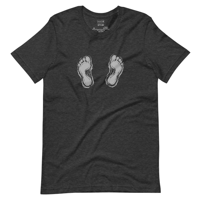 Minimalist grey silhouette of two footprints on a Short Sleeve T-Shirt.