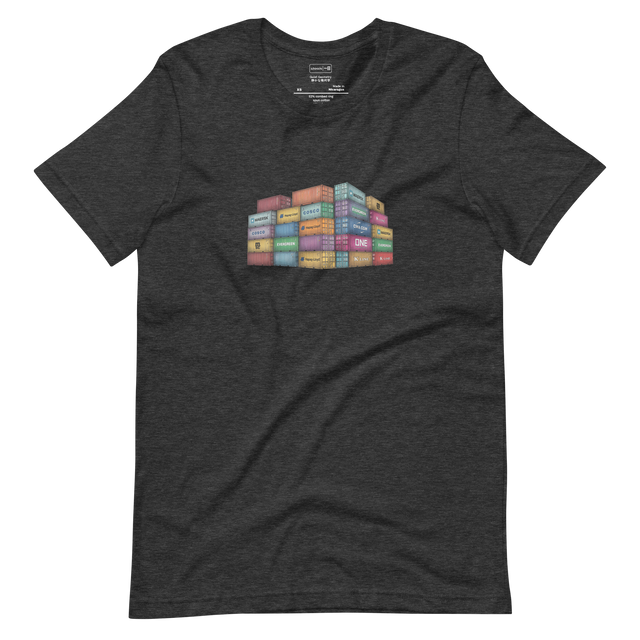 Cross-hatch colored pencil graphic of stacked shipping containers on a short sleeve t-shirt.