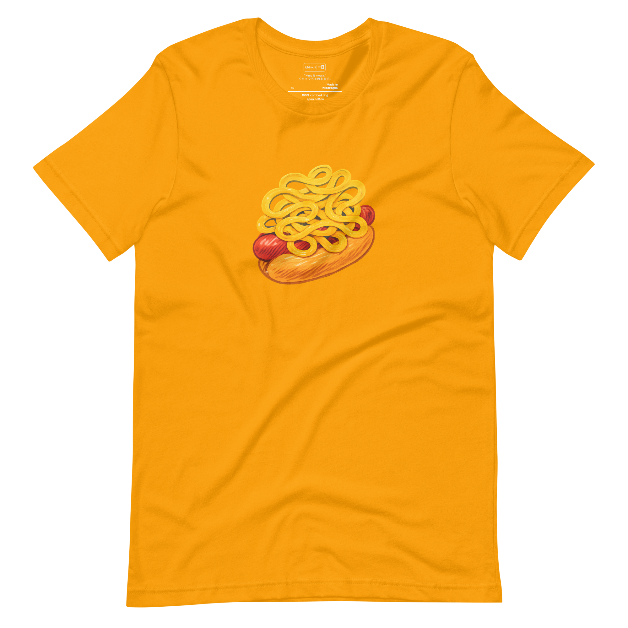 Pop-art-style hot dog with excessive yellow mustard in bold marker lines