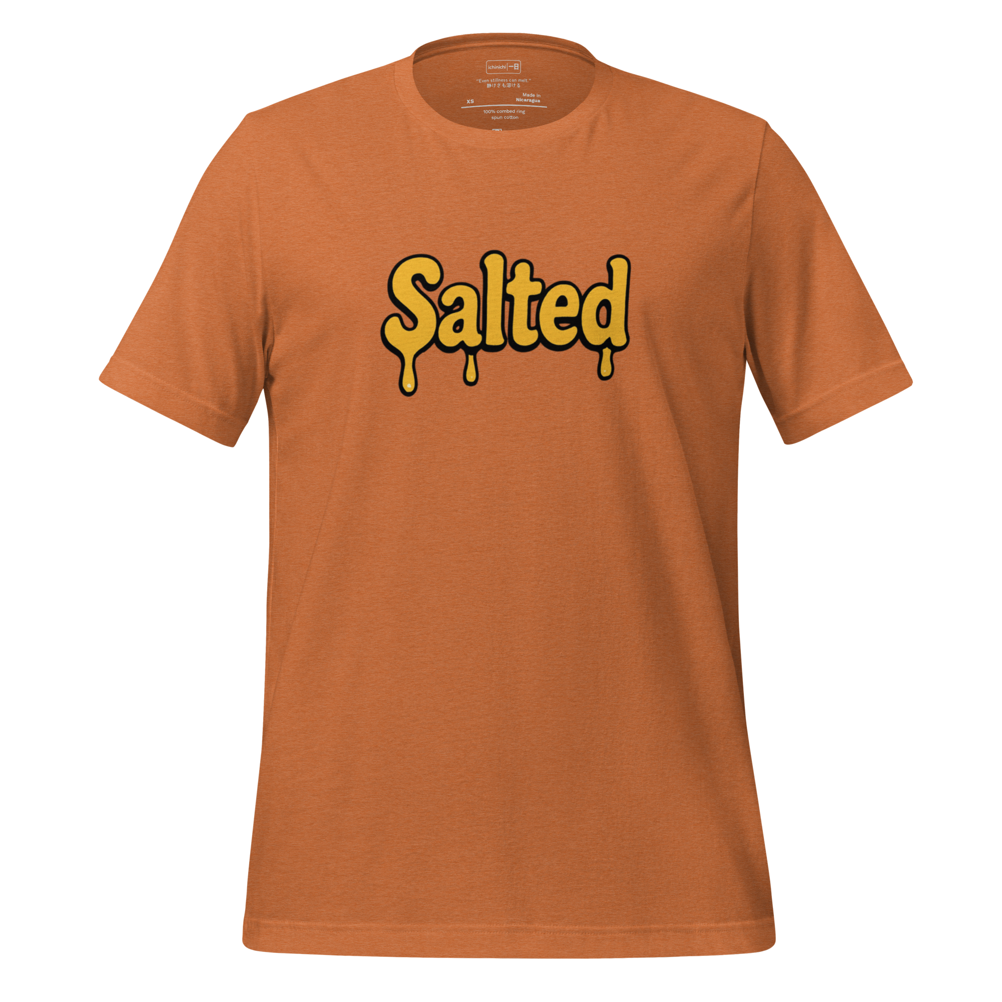 Cartoon-style yellow word “Salted” with black outline melting toward the bottom, inspired by butter and warmth.