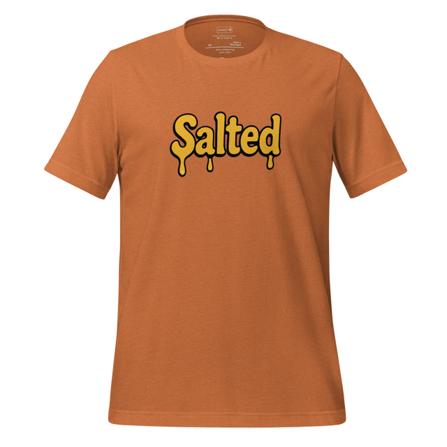 Cartoon-style yellow word “Salted” with black outline melting toward the bottom, inspired by butter and warmth.