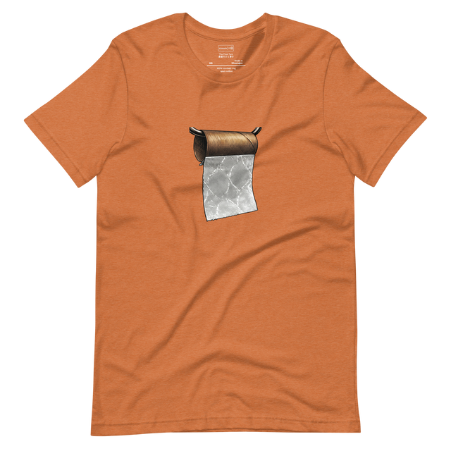 Minimalist line art illustration of a finished toilet paper roll with one sheet left, Unisex Short Sleeve T-Shirt.