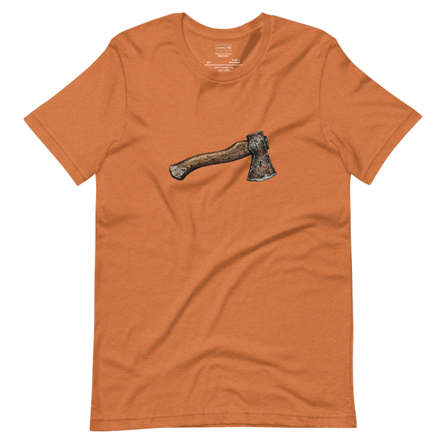 A cross-hatch ink illustration of a weathered hatchet with a rusted metal head and curved wood handle on a Short Sleeve T-Shirt.
