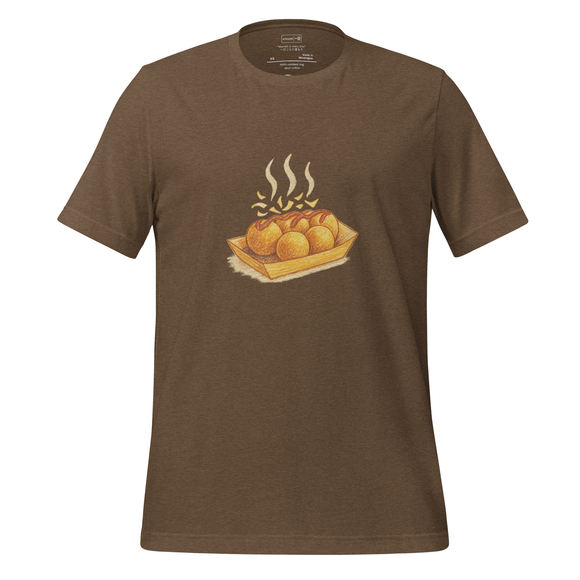 Minimal graphic of takoyaki balls on a tray with sauce lines and bonito flakes.