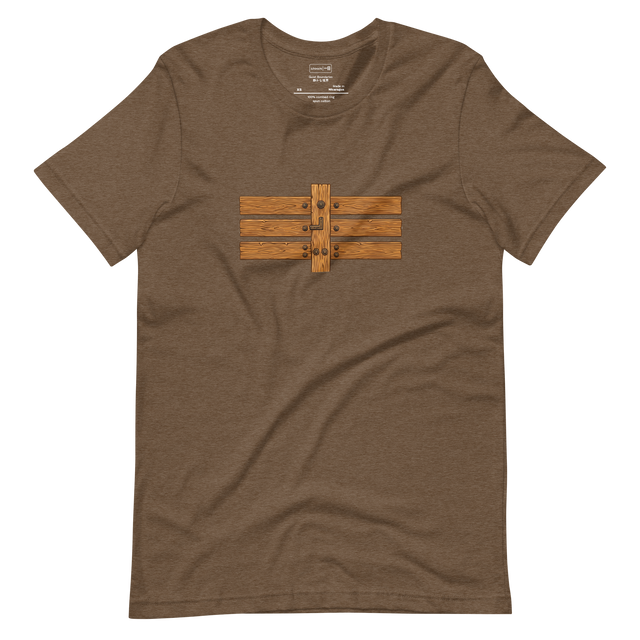 A close up woodcut graphic of horizontal wooden fence joints on a Unisex Short Sleeve T-Shirt.