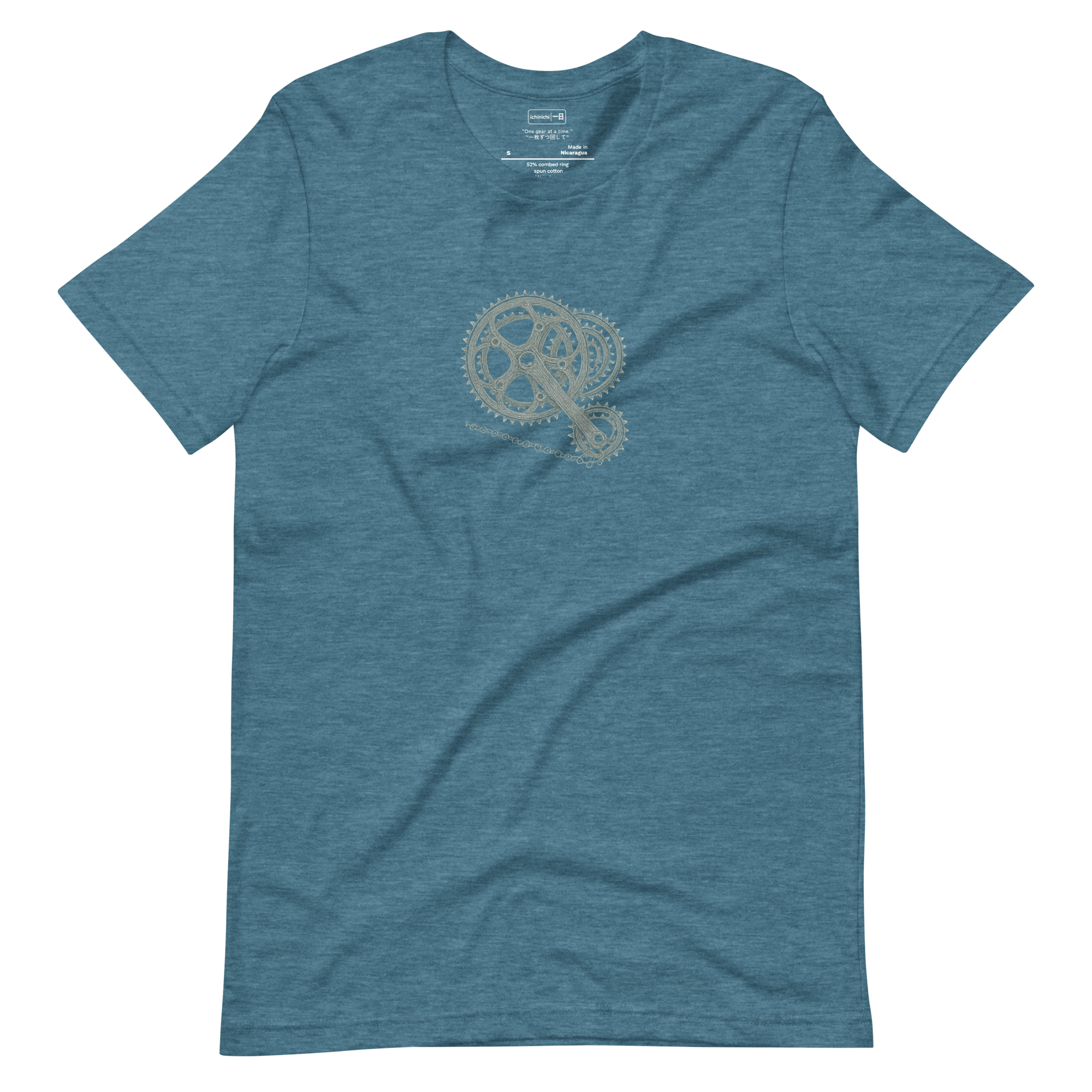 Hand-drawn bicycle cog design printed on Heather Deep Teal t-shirt