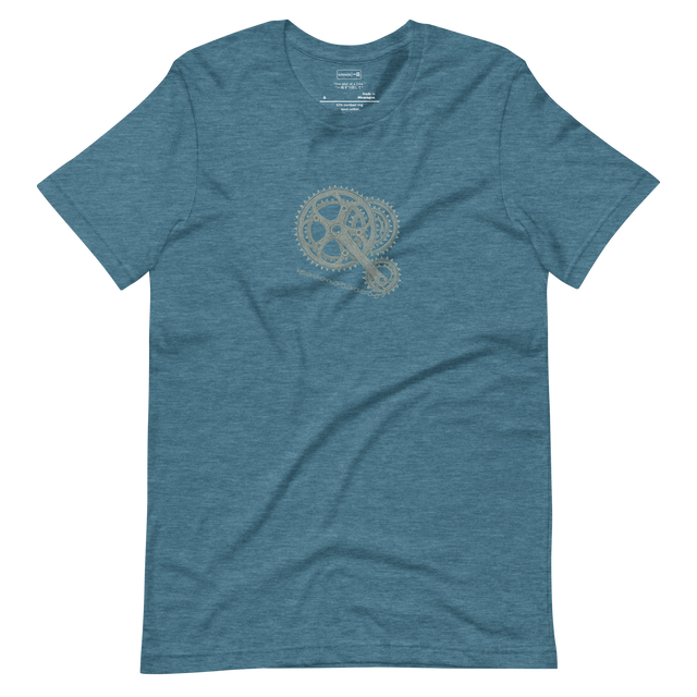 Hand-drawn bicycle cog design printed on Heather Deep Teal t-shirt
