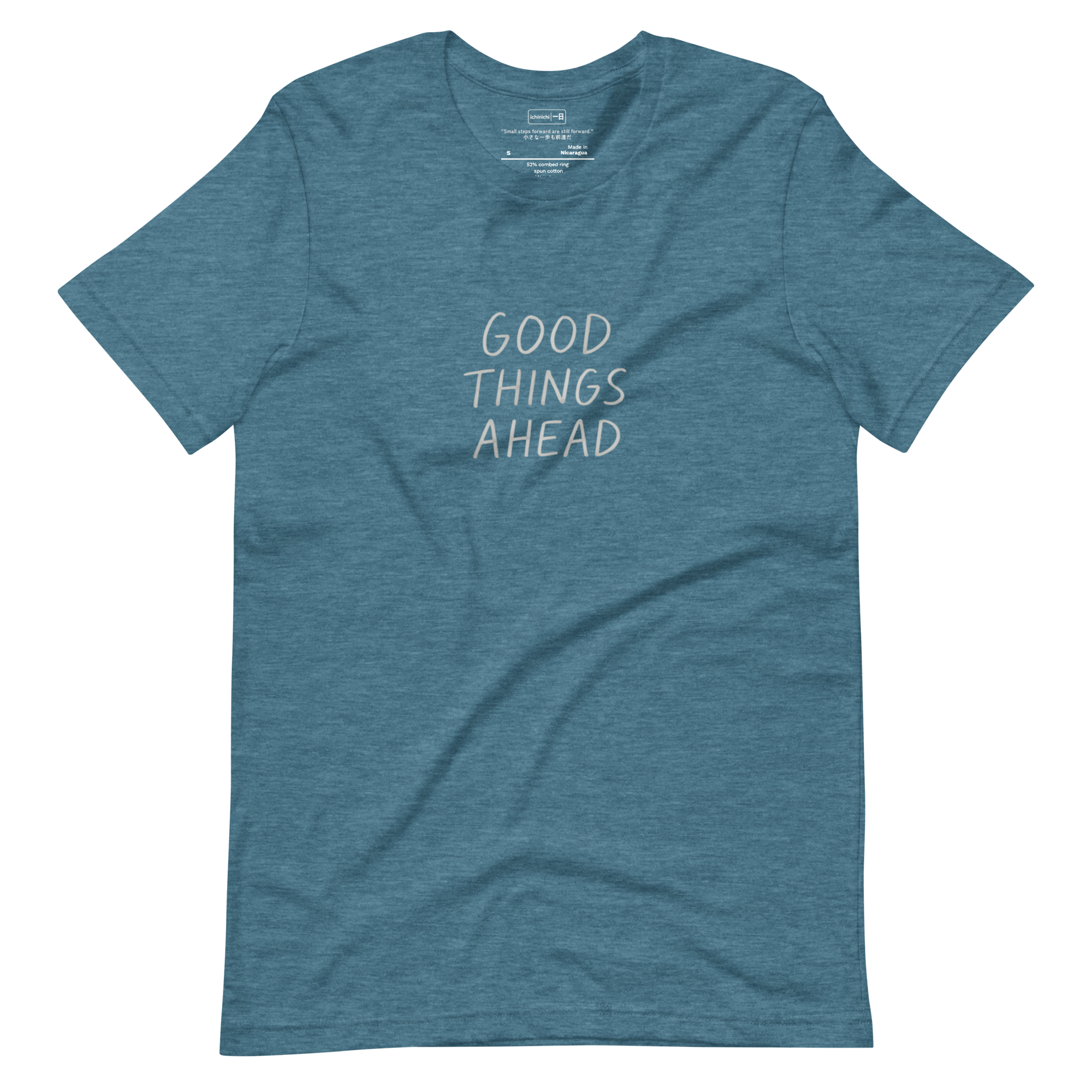 Handwritten phrase “Good Things Ahead” in simple minimalist lettering, symbolizing optimism and calm forward movement.