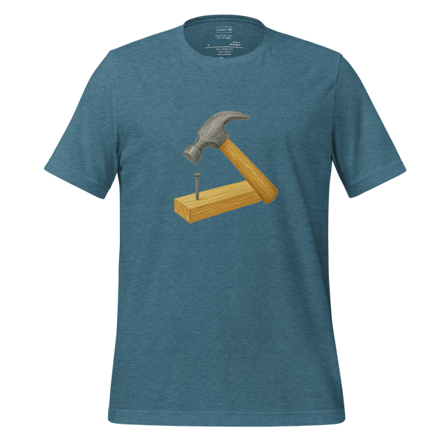 Minimalist T-Shirt design featuring a hammer striking a nail into a 2x4 wooden board.