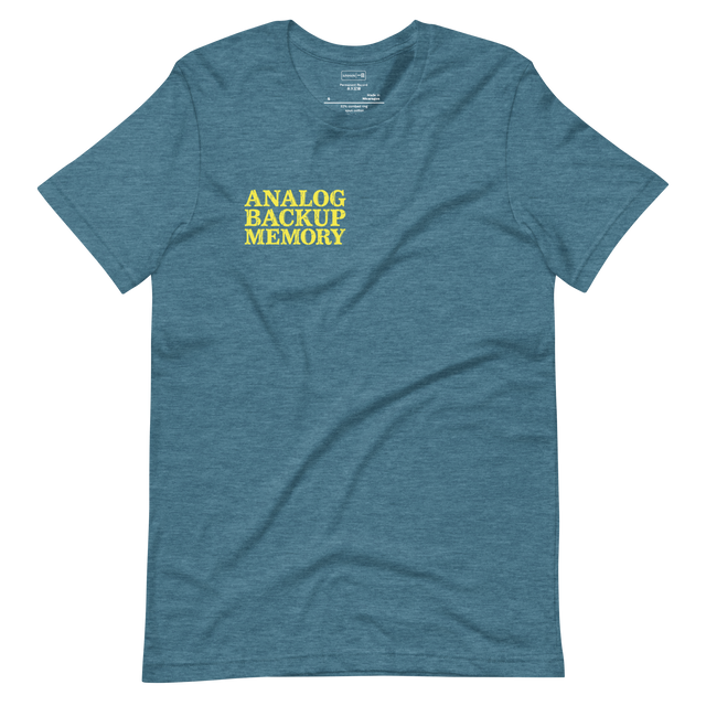 Analog Backup Memory weathered light yellow typography woodcut stamp on a short sleeve t-shirt