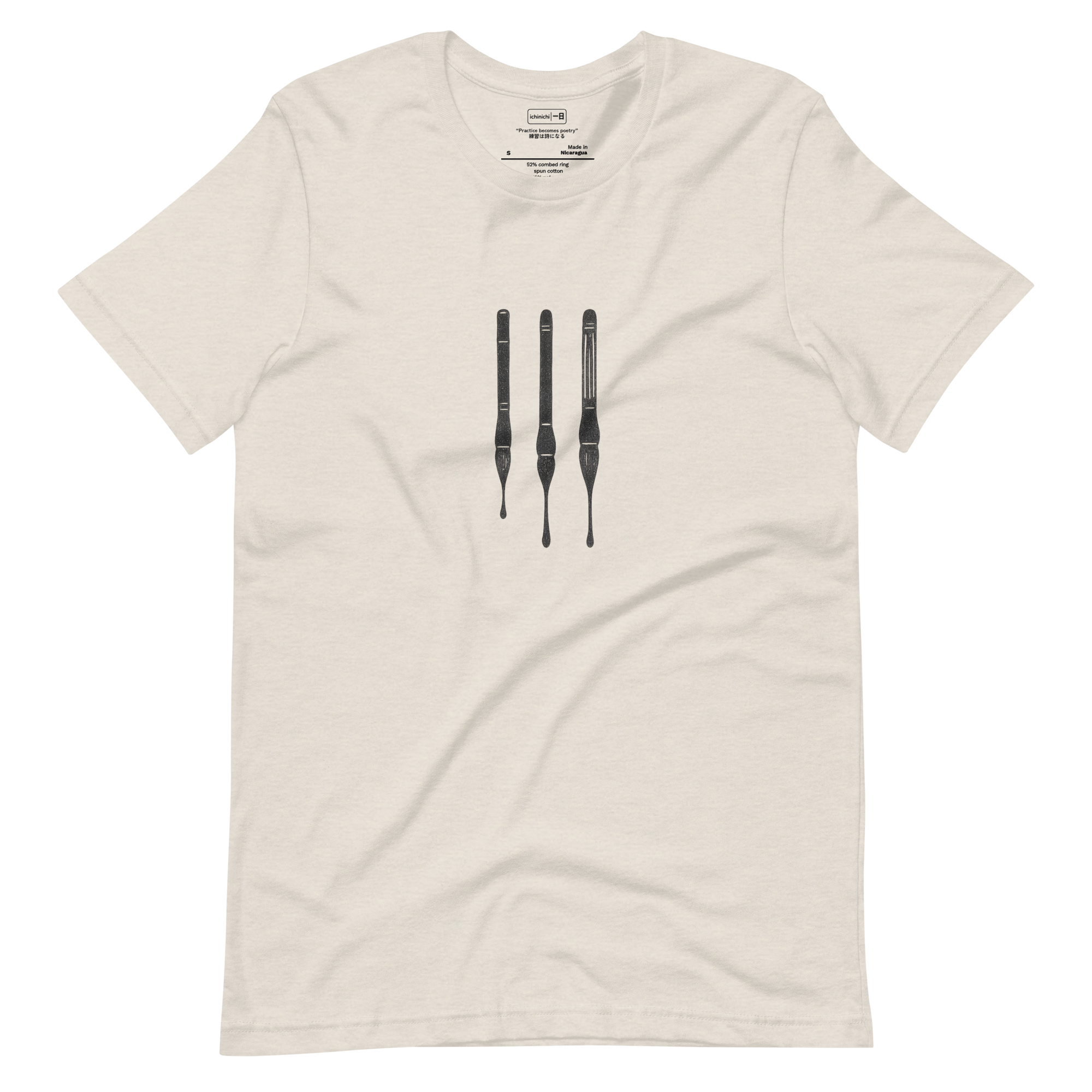 Minimalist drawing of three calligraphy brushes with ink drips