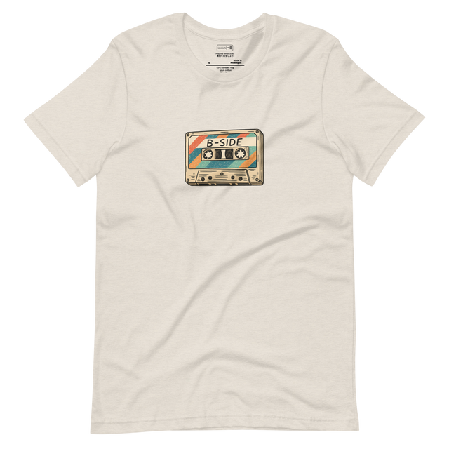 Hand-drawn vintage cassette tape labeled B-Side on a light t-shirt