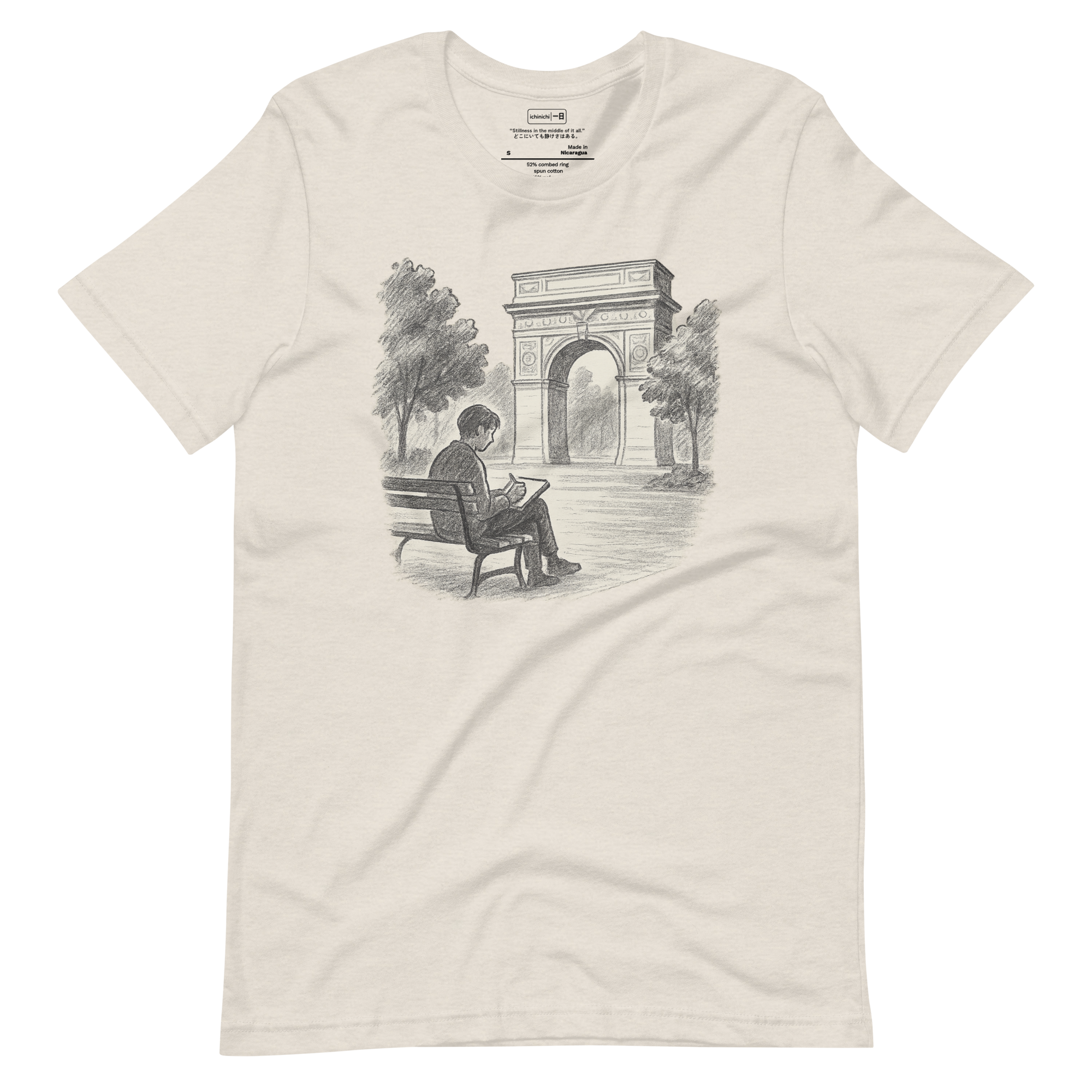 Minimalist line drawing of Washington Square Park with a lone figure on a bench