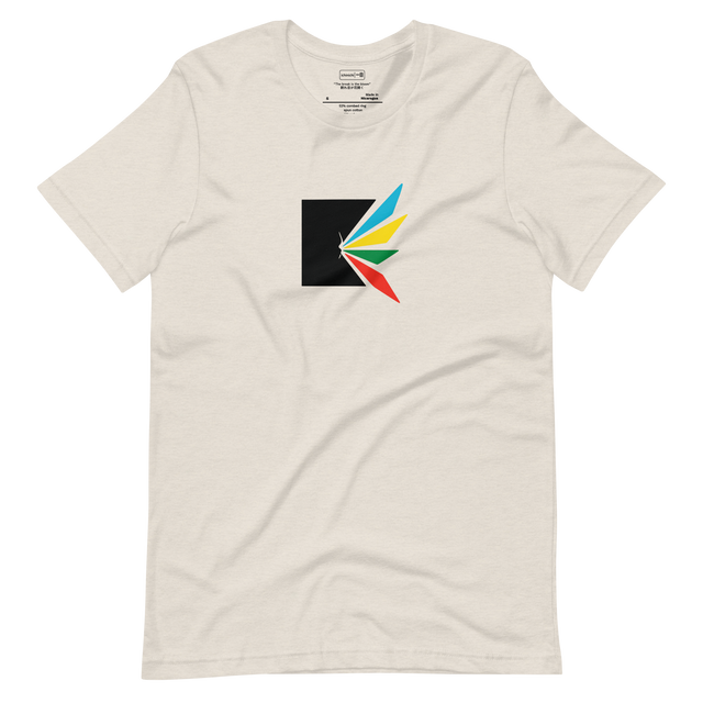 Black square fractured diagonally with rainbow-colored shards bursting outward in bold geometric shapes