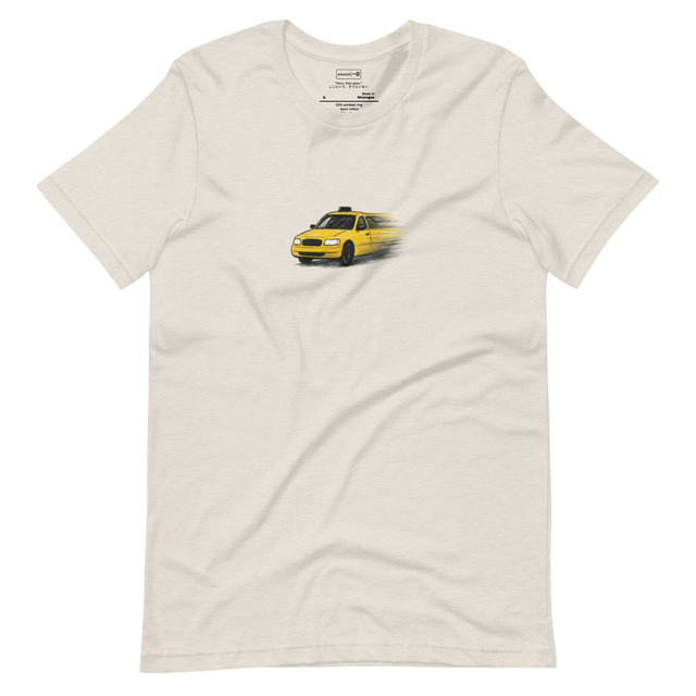Minimalist marker-style drawing of a yellow New York taxi partly in focus, fading softly into motion blur, poetic T-Shirt design.