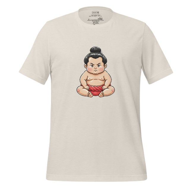 Minimalist T-Shirt design featuring a seated baby sumo wrestler with a small mawashi and topknot.